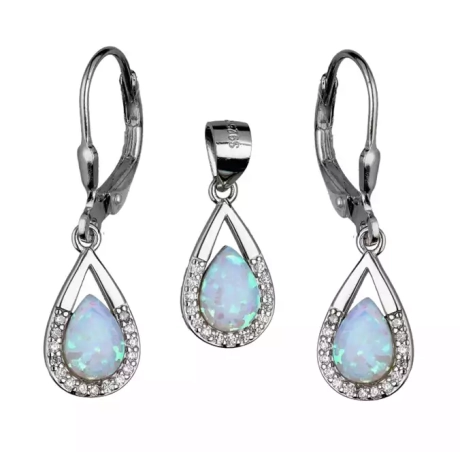 Przejdź do produktu Komplet srebrnej biżuterii kolczyki + zawieszka, kamień centralny opal