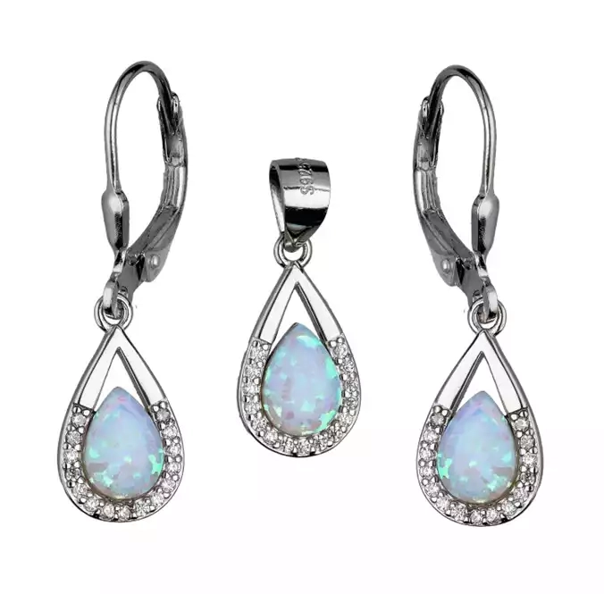 Komplet srebrnej biżuterii kolczyki + zawieszka, kamień centralny opal