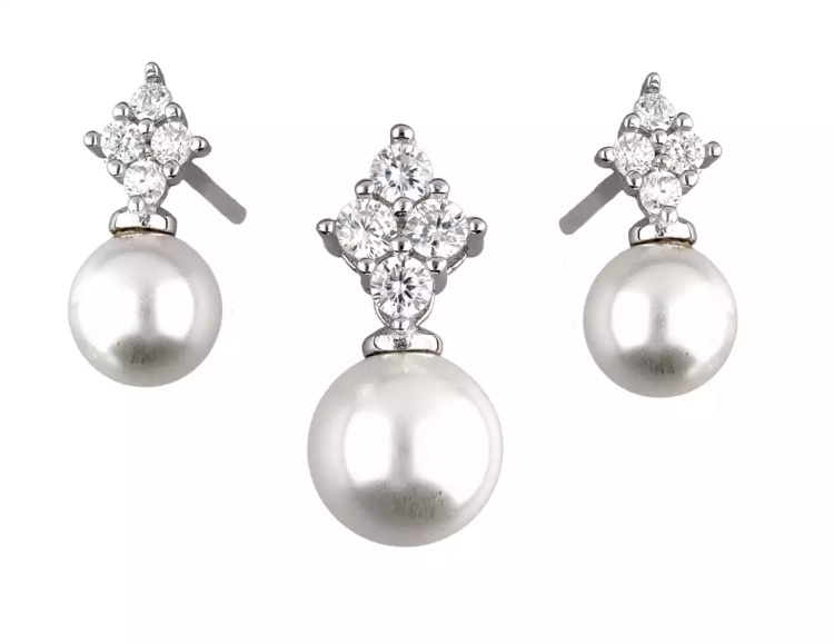 Komplet srebrnej biżuterii kolczyki + zawieszka, perła i cyrkonie