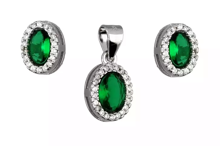 Komplet srebrnej biżuterii kolczyki + zawieszka, szmaragdowa cyrkonia