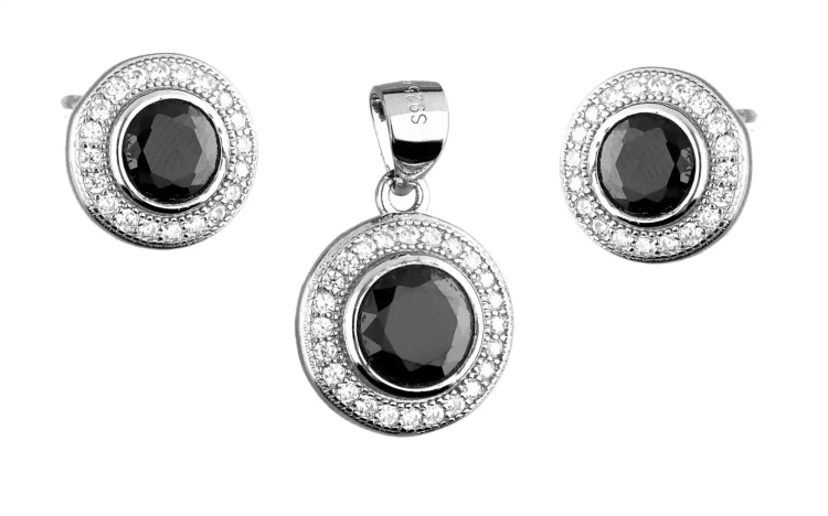 Komplet srebrnej biżuterii kolczyki + zawieszka, czarna cyrkonia