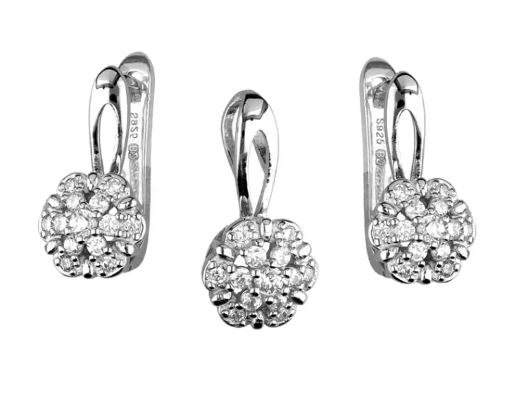 Srebrny komplet biżuterii, kolczyki + zawieszka do łańcuszka, cyrkonie