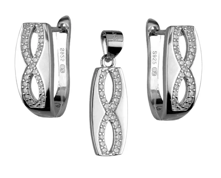 Srebrny komplet biżuterii, kolczyki + zawieszka znak nieskończoności