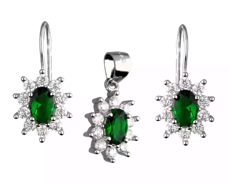 Komplet srebrnej biżuterii kolczyki + zawieszka, centralna cyrkonia - szmaragd