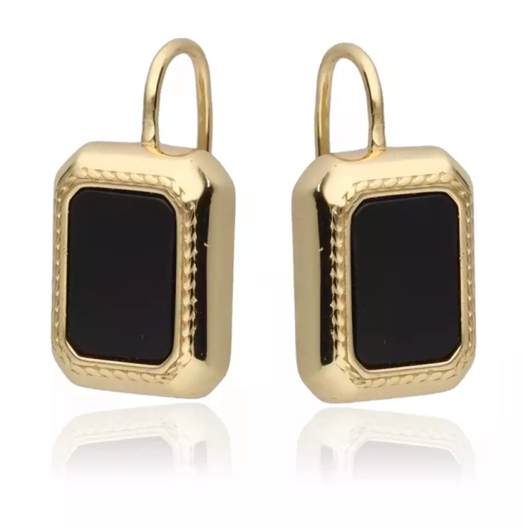 Srebrne pozłacane kolczyki z dużym kamieniem onyks