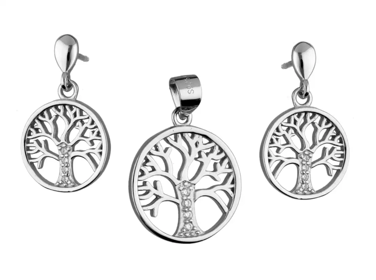Komplet srebrnej biżuterii kolczyki i zawieszka, drzewko szczęścia