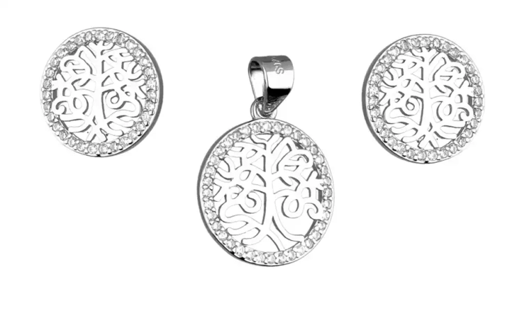 Komplet srebrnej biżuterii kolczyki i zawieszka, drzewko szczęścia w kółku z cyrkonii
