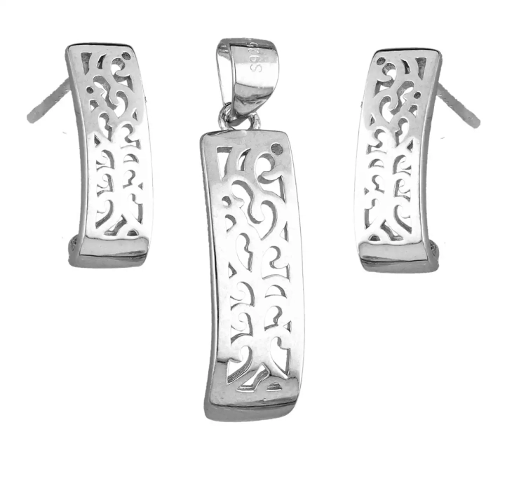 Srebrny komplet, kolczyki i zawieszka, ażurowy wzór