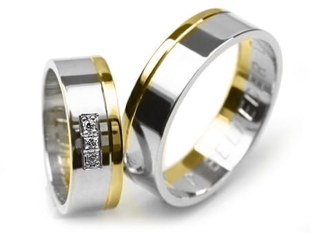 Obrączki ślubne dwukolorowe płaskie z cyrkoniami 6mm Premium P-BELWEDER DUO-k