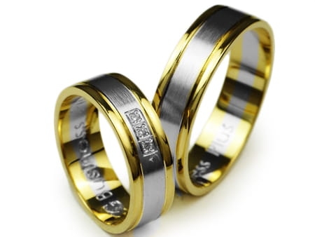 Obrączki ślubne dwukolorowe płaskie z cyrkoniami 6mm Premium P-BUSINESS-PLUS-k