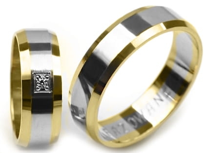 Dwukolorowe złote obrączki ślubne fazowane z cyrkonią 6mm Premium P-FAZOWANE III-k