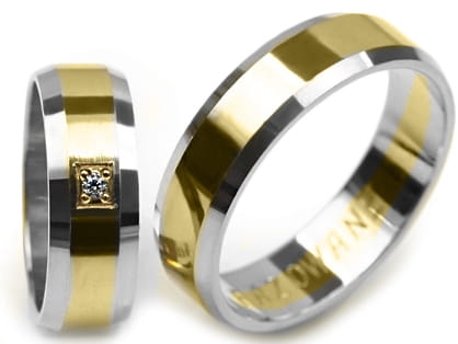 Przejdź do produktu Dwukolorowe złote obrączki ślubne fazowane z cyrkonią 6mm Premium