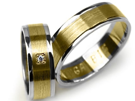 Obrączki ślubne dwukolorowe płaskie z cyrkonią 7mm Premium P-KINGA-BIS-k