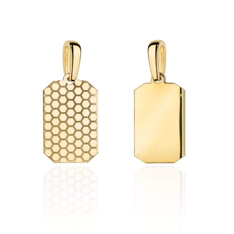 Zawieszka złota blaszka dwustronna zaokrąglona ze zdobieniem średnia