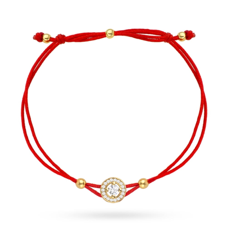 Bransoletka złota kółeczko i cyrkonie na czerwonym sznurku
