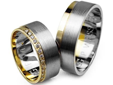 Dwukolorowe złote obrączki ślubne płaskie z cyrkoniami 7mm Premium P-WEISSGOLD-k