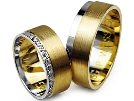 Dwukolorowe złote obrączki ślubne płaskie z cyrkoniami 7mm Premium P-WEISSGOLD-k