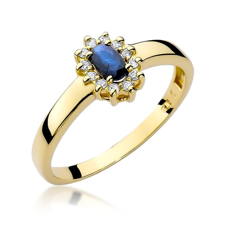 Pierścionek zaręczynowy z żółtego złota z szafirem i diamentami 0,10ct Fire Of Love BW-26