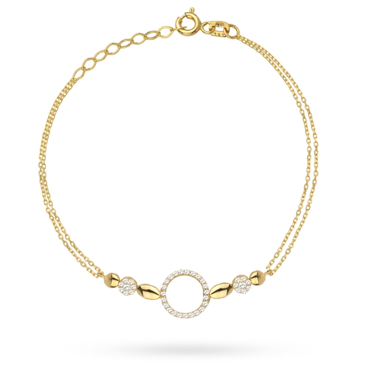 Bransoletka złota ring i kółeczka z cyrkonii na podwójnym łańcuszku