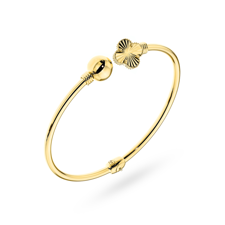 Bransoletka złota sztywna z gładką kulką i diamentowaną koniczynką