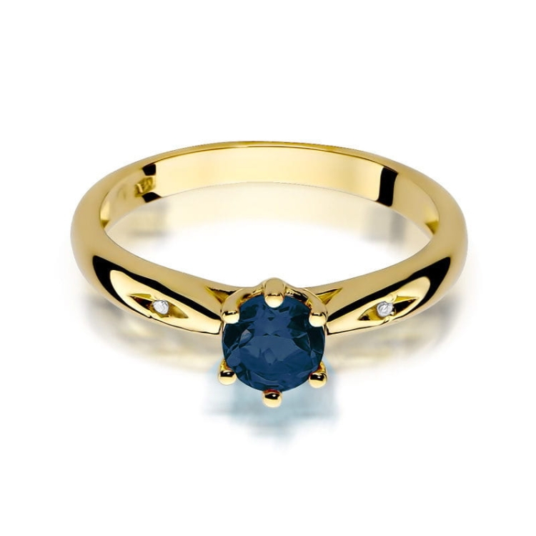 Pierścionek zaręczynowy z żółtego złota z szafirem i diamentami 0,01ct Fire Of Love BW-74-szafir