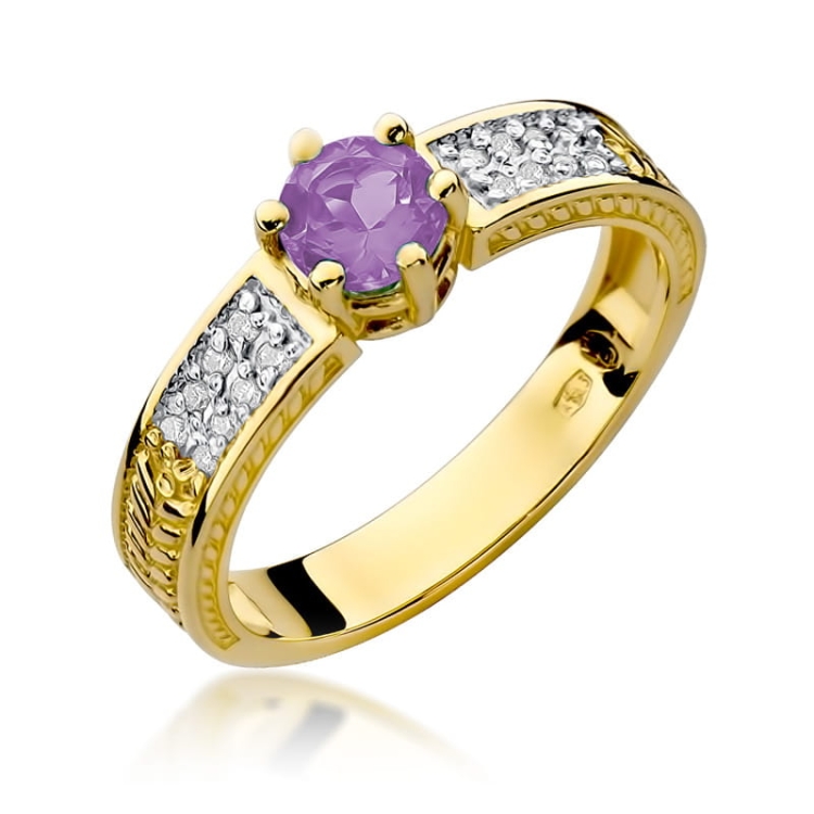 Pierścionek zaręczynowy z żółtego złota z ametystem i diamentami 0,08ct Fire Of Love BW-75-ametyst