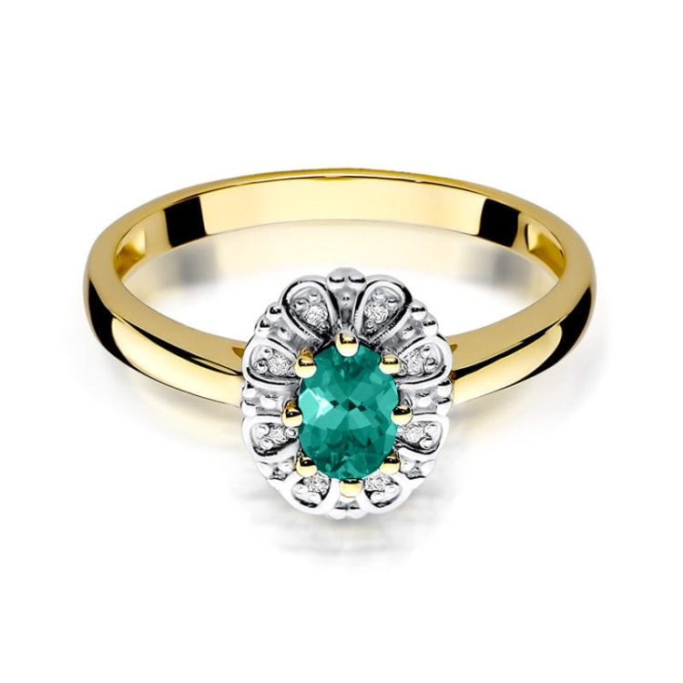 Pierścionek zaręczynowy z żółtego złota z szmaragdem i diamentami 0,07ct Fire Of Love BW-304-szmaragd