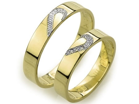 Obrączki ślubne z żółtego złota płaskie 4mm z cyrkoniami serce Always A028