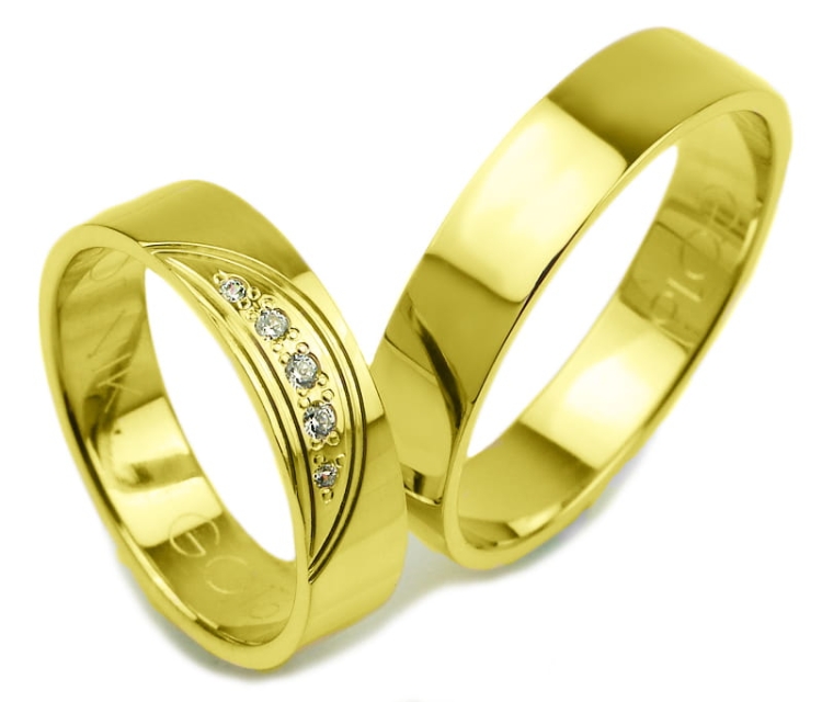 Obrączki ślubne z żółtego złota płaskie z cyrkoniami 5mm Glamour G016