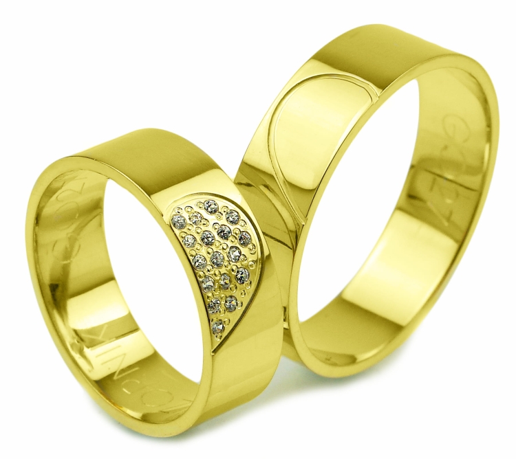 Obrączki ślubne z żółtego złota płaskie z cyrkoniami 6mm Glamour G027