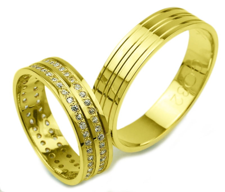 Obrączki ślubne z żółtego złota płaskie z cyrkoniami 5mm Glamour G032