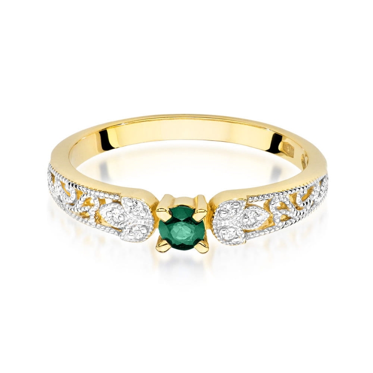 Pierścionek zaręczynowy z żółtego złota z szmaragdem i diamentami 0,03ct Fire Of Love BW-411-Szmaragd