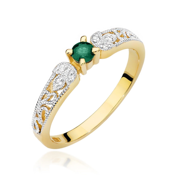 Pierścionek zaręczynowy z żółtego złota z szmaragdem i diamentami 0,03ct Fire Of Love BW-411-Szmaragd
