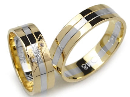 Przejdź do produktu Obrączki ślubne dwukolorowe płaskie z cyrkoniami 6mm Lux L048